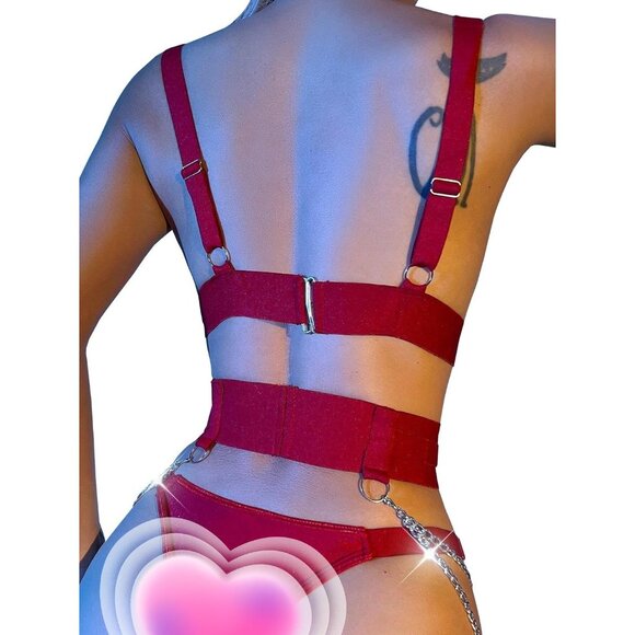 Women's Burgundy Red Sexy Chain Strappy Garter Belt Lingerie Set Rave Outfits - Picture 2 of 5